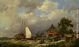Hermanus Koekkoek Snr Canvas Paintings - Boats Docking in an Estuary